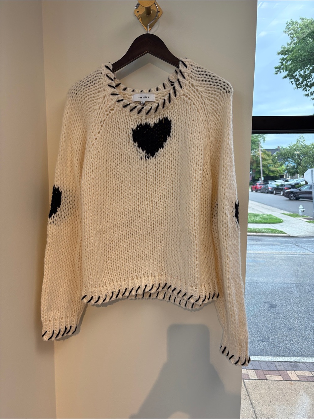 John + Jenn Cream Sweater with Black Heart Details